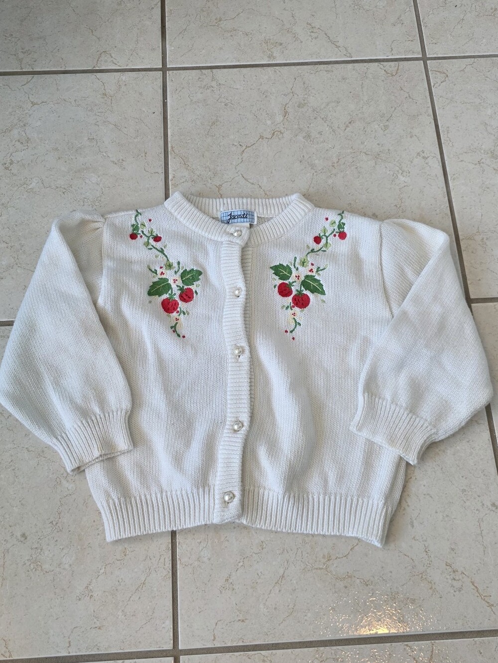 Jacadi White Knit Cardigan with Red Cherry Embroidery